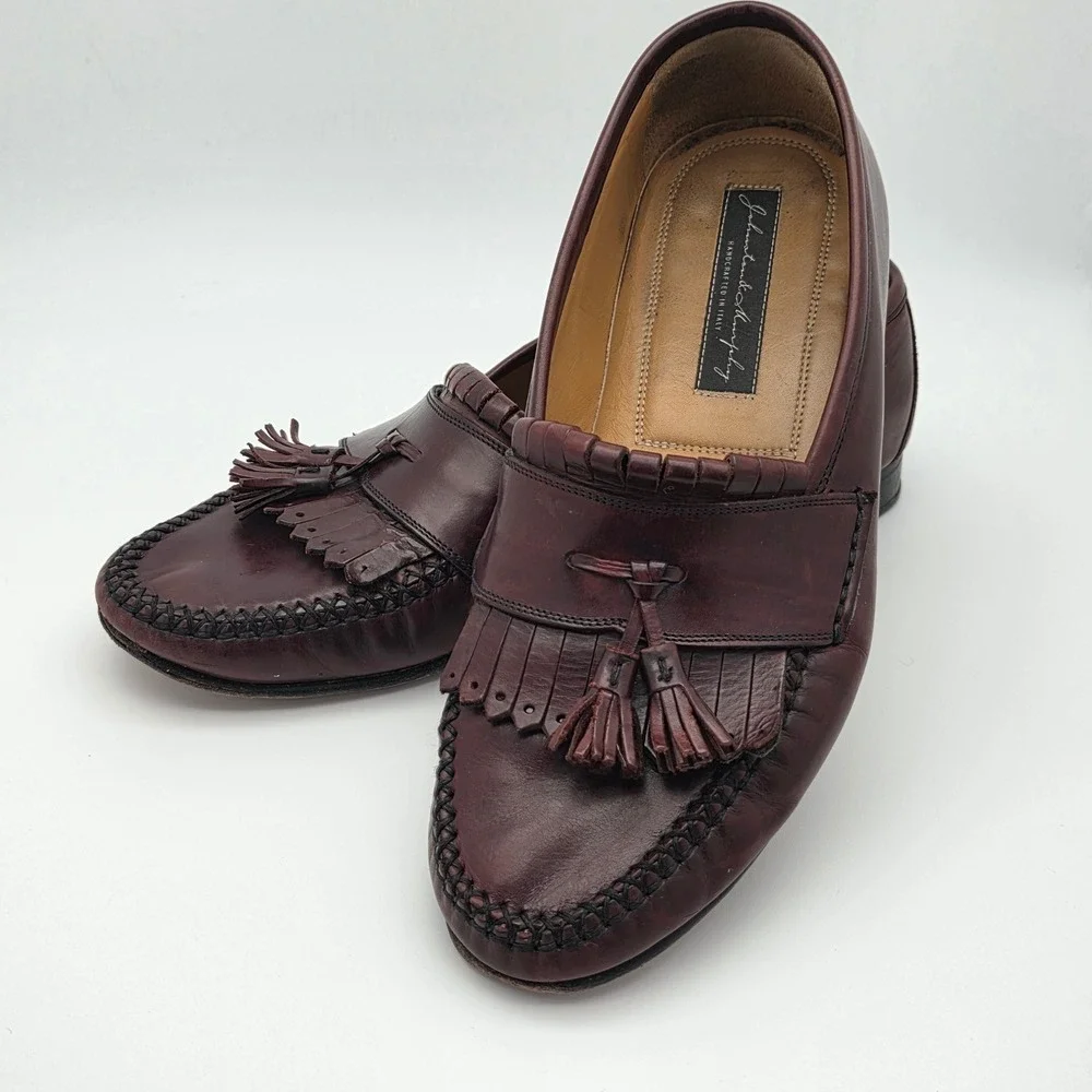 VTG Johnston Murphy Loafers Men 9.5 Leather Burgundy Oxblood Kiltie Tassel Italy